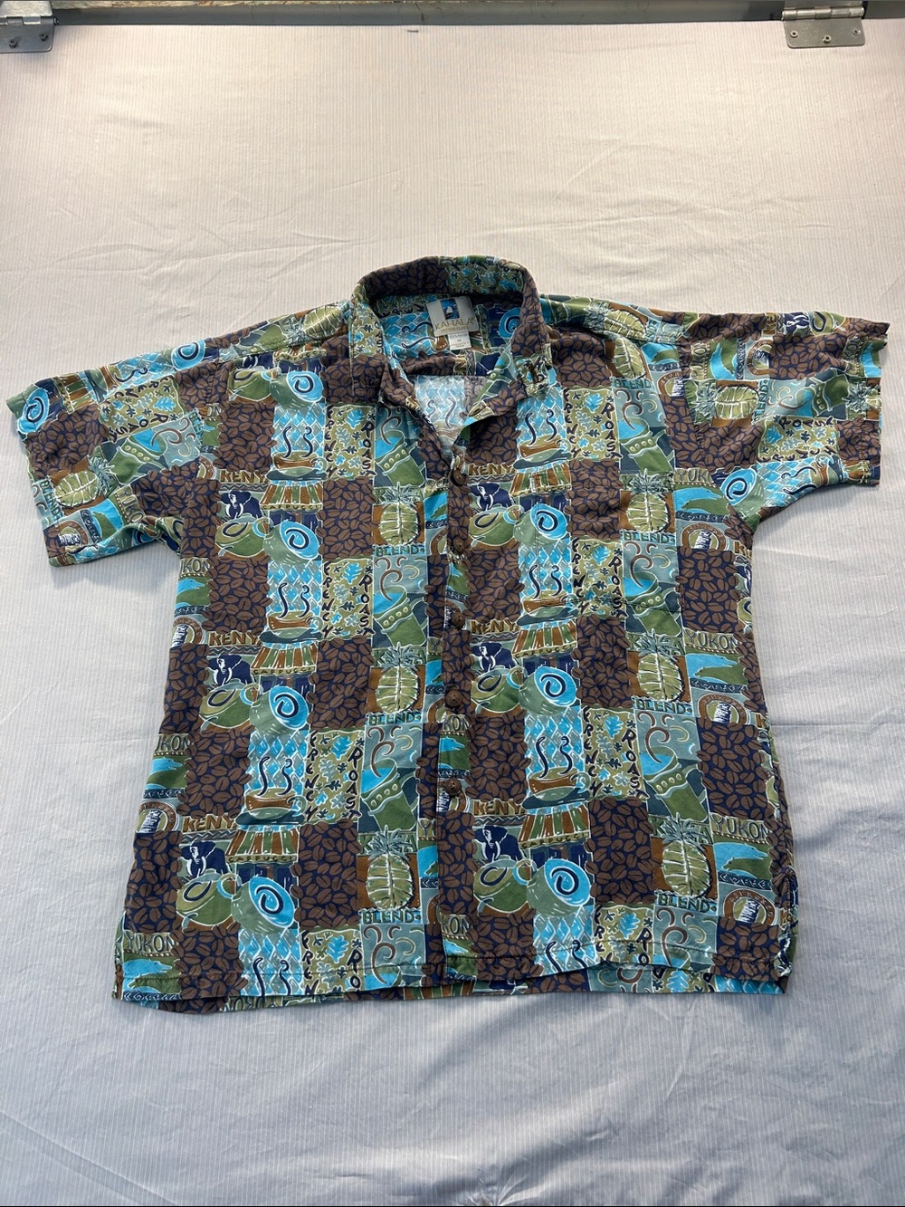 90’s Kahala Hawaiian Short Sleeve Patchwork Print Shirt Blue Green Coffee